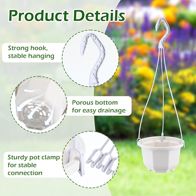 Roshtia 24 Pcs Hanging Plastic Planter Pot with Hook Flower Pots Baskets Hanging Nursery Planter Holder for Outdoor Indoor Plant Garden (Ceramic White,5 Inch)