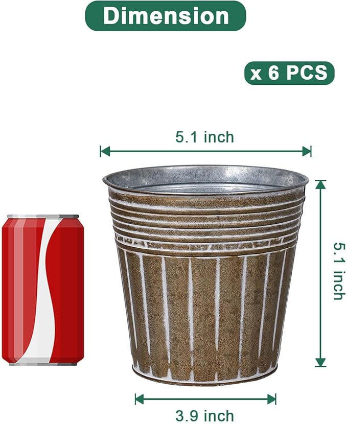 vensovo 5 Inches Brown Metal Rustic Flower Pots - 6 Pcs Small Galvanized Planters with Drainage Hole and Rubber Plug, Rustproof Tin Bucket Plant Pot Farmhouse Vintage Style for Decor