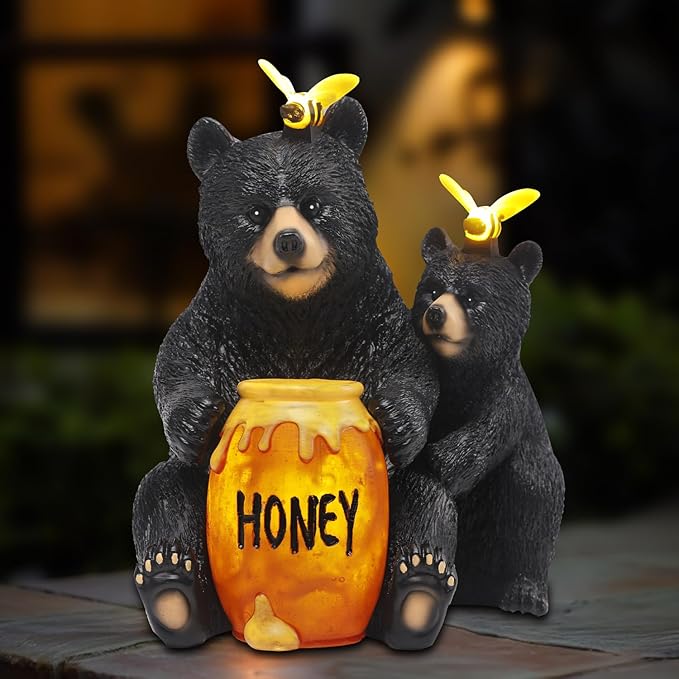 Solar Garden Decor Statues 7" Resin Mother&Cub Bear Figurines with Honey Jar Waterproof Black Bear Decor for Outside Yard Patio Porch Decoration Gift for Mom Grandma
