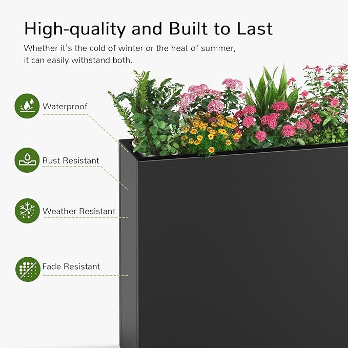 Stoog 38" Metal Tall Rectangular Planters Set of 2 - All-Weather Planter Box for Indoor/Outdoor Use, with Removable Insert Shelf, for Plants, Flowers, Garden, Black