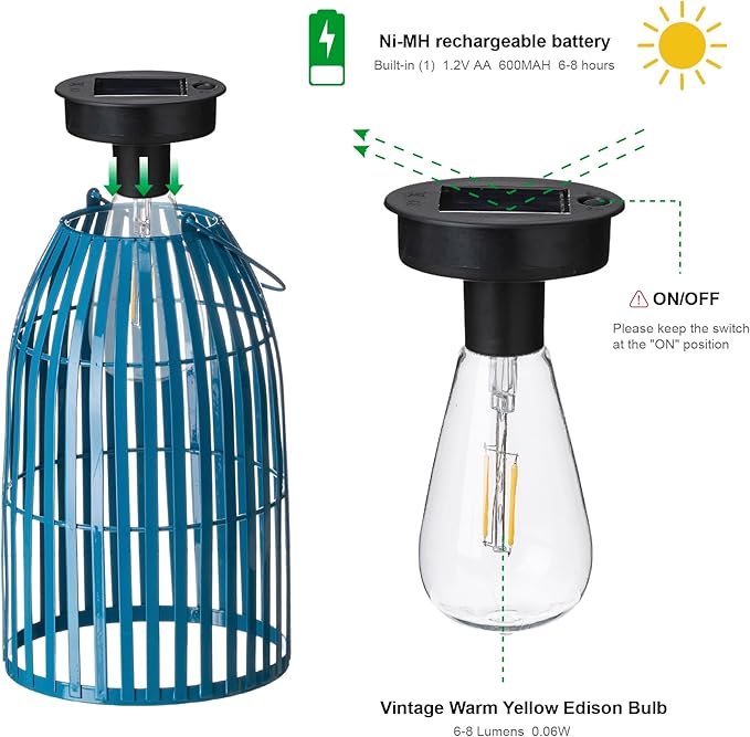 Set of 2 Solar Lantern Outdoor Waterproof Hanging Metal Birdcage Shaped Lantern Decorative Solar Light for Garden Yard Patio Porch, Blue