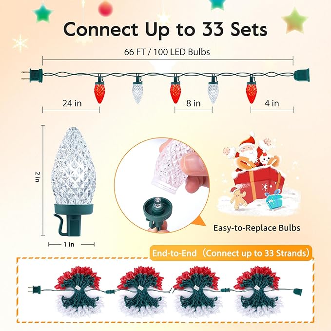 Brightown C9 LED Christmas String Lights, 66ft 100 LED Waterproof Strawberry String Lights, Plug-in Extendable Green Wire Lights String for Outdoor Outside Patio Party Decoration, Red and White