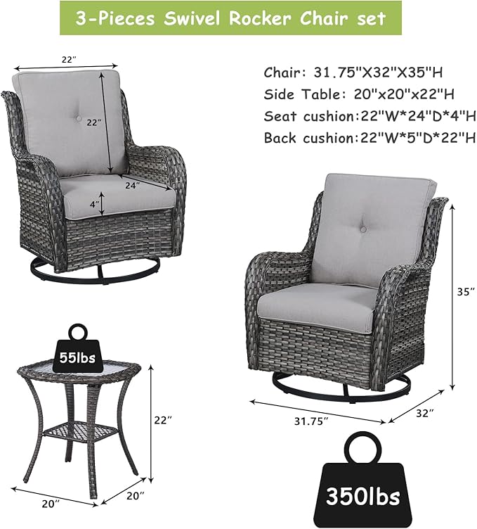 Outdoor Patio Swivel Rocker Chairs - 3 Piece Patio Bistro Set,Wicker Patio Furniture Set with 2 Swivel Rocking Chairs and 1 Glass Top Side Table for Deck Porch Garden,Mixed Grey/Beige