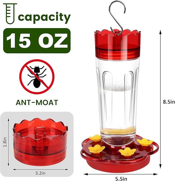 Glass Hummingbird Feeders for Outdoors Hanging Ant and Bee Proof, 2 Pack 15 Ounces Red Hummingbird Feeder with 5 Feeding Ports and Perches, Built-in Ant Moat, Outside Garden Décor (Glass, 2)