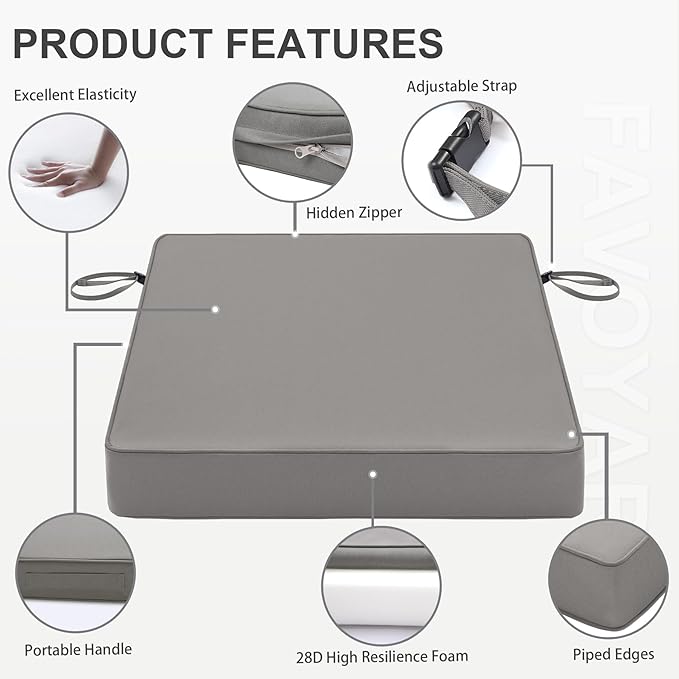 Favoyard Patio Chair Cushions 20 x 20 x 3 Inch Waterproof Outdoor Seat Cushions for Patio Furniture 3-Year Color Fastness Garden Sofa Couch Chair Pads with Handle & Adjustable Straps Set of 2, Grey