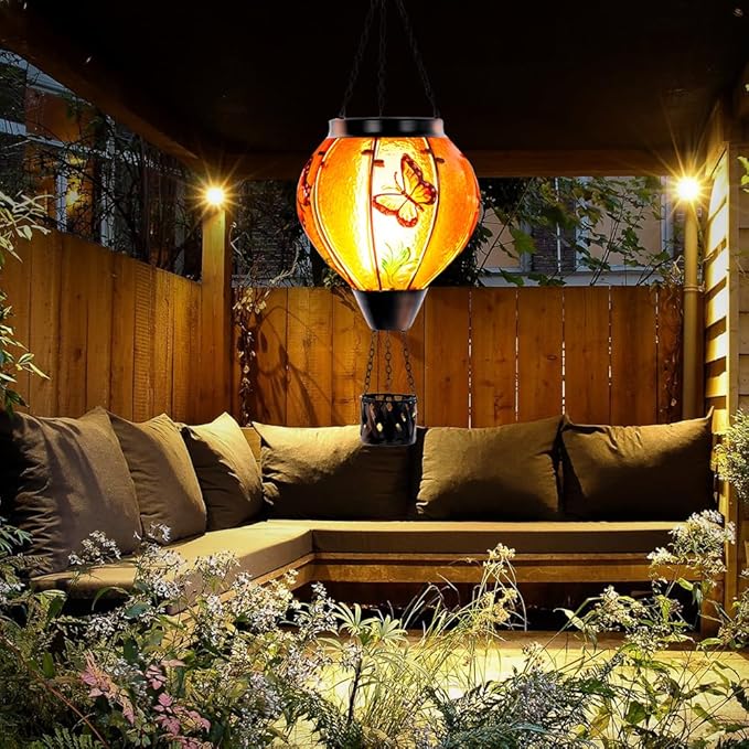 Starsoul Butterfly Hot Air Balloon Solar Lantern with Flickering Flame Light Glass Solar Powered Hot Air Balloon Lamp Waterproof Hanging Outdoor Solar Lantern for Yard Porch Backyard Decor