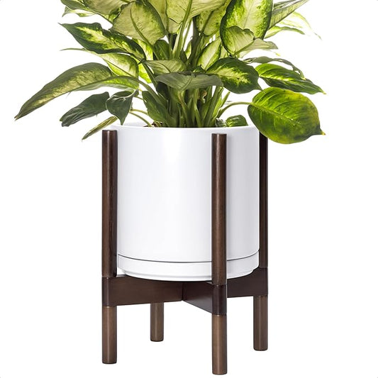 D'vine Dev Ceramic Planter with Walnut Color Stand - 10 Inch Modern Round Flower Pot with Wood Planter Holder, White, 55-B-X-1