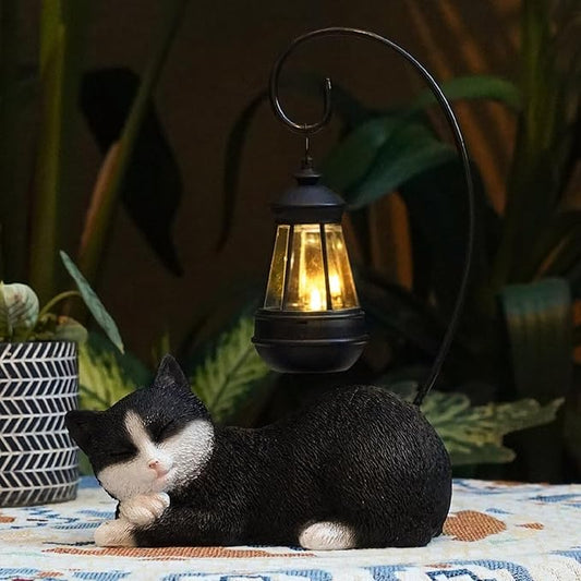 Solar Cat Statues with Lantern for Garden Outdoor Statue, Garden Lawn Outdoor Cat Statue, Cat Figurines Crafted Garden Sculptures & Statues for Patio, Yard, Lawn & Porch Gardening Gifts for Mom(13")