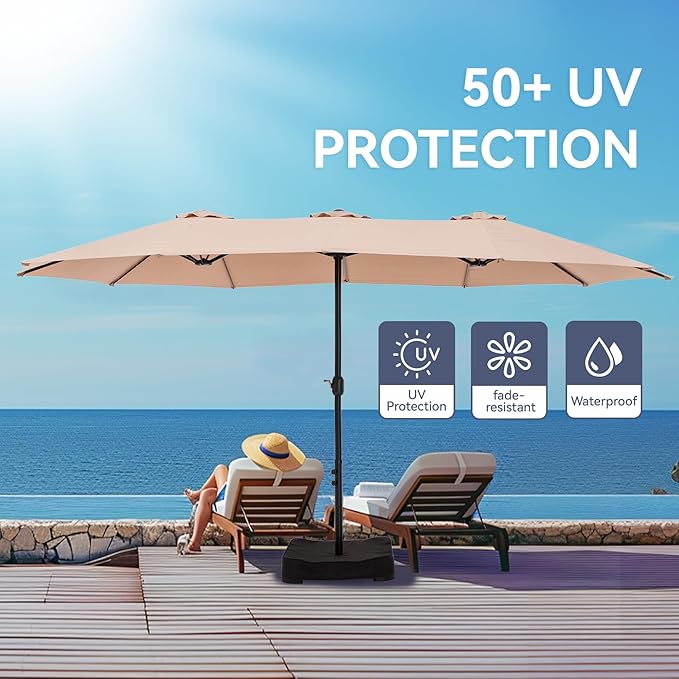 GREEN PARTY 15 ft Rectangle Patio Umbrella with Base Included, Double-Sided Table Umbrella with Crank, Large Outdoor Umbrellas for Patio Poolside Garden Backyard, Beige