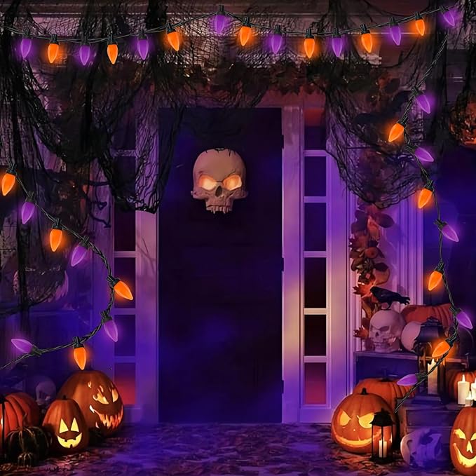 26FT LED Halloween Lights Outdoor, C7 Orange and Purple Halloween Stirng Lights with 50 LED Bulbs, Plug-in Outdoor Halloween Decorations Lights Waterproof for Halloween Patio Outdoor Party Yard Garden