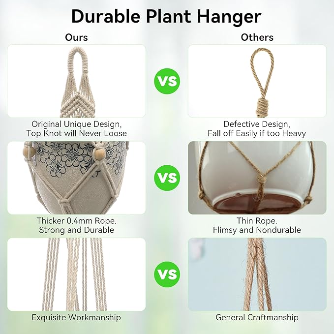 USLAI Macrame Plant Hanger Indoor Outdoor, Up to 4-15 inch Pot, Heavy 20lb Planters, Extra Long Strong Hanging Planter Basket, Boho Home Decor, 41 Inch, Ivory, Set of 2 (POTS NOT Included)