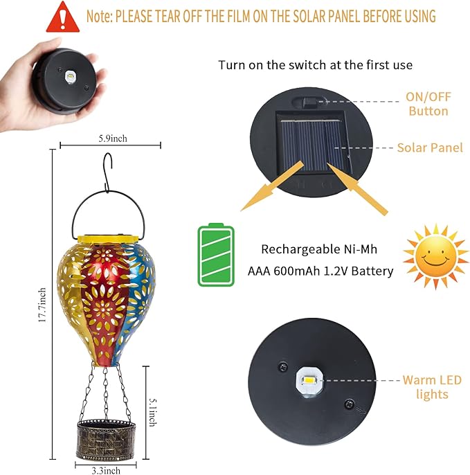 Solar Hot Air Balloon Lantern, Hanging Outdoor Waterproof Yellow LED Lantern