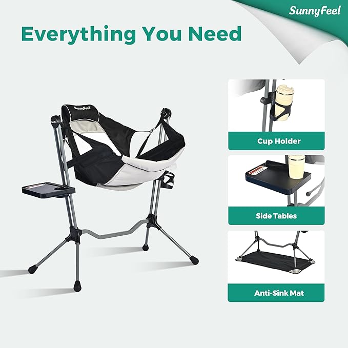 SUNNYFEEL Hammock Camping Chair, Oversized Swinging Camping Chair, Portable Hammock Chairs with Cup Holder, Beach Mat, MAX 300lbs Heavy Duty for Outdoor Travel Lawn Backyard Beach (Black)