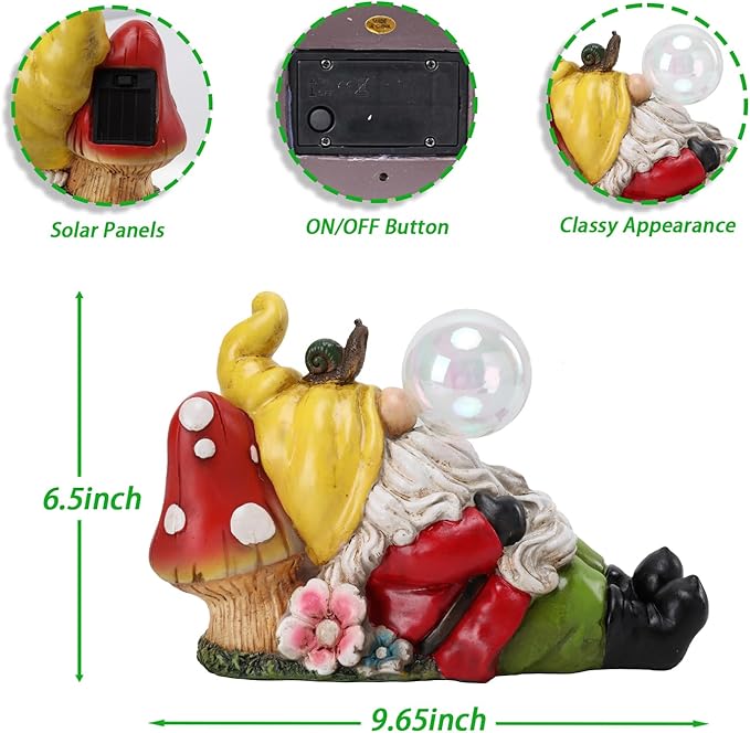 Garden Gnome Statue Outdoor Decor, Funny Gnome Figurine Lying on Mushroom with Crackle Globe Lights, Waterproof Resin Sculptures Lawn Ornament Tabletop Decorations for Porch Yard Decor