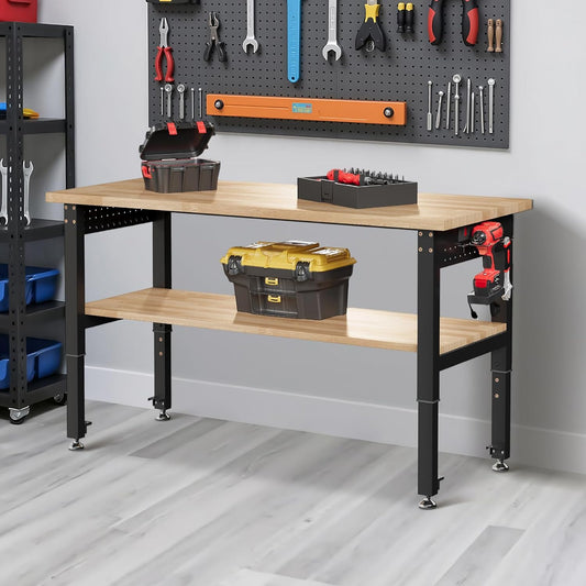 Albott 48" Adjustable 2-Tier Workbench with Solid Wood Top, Max 2000lbs Capacity, Built-in Power Strip with 4 AC Outlets & 2 USB Ports, Pegboard & 20 Hooks, Shop Garage Office