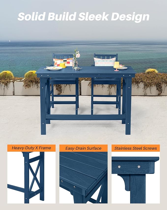 3 Pieces HDPE Outdoor Patio Bar Set, Rectangular Outdoor Bar Height Table and Chairs Set, Adirondack Patio Bar Stools Set, Outdoor Bar Table and Chairs Set for Balcony, Poolside, Porch, Navy