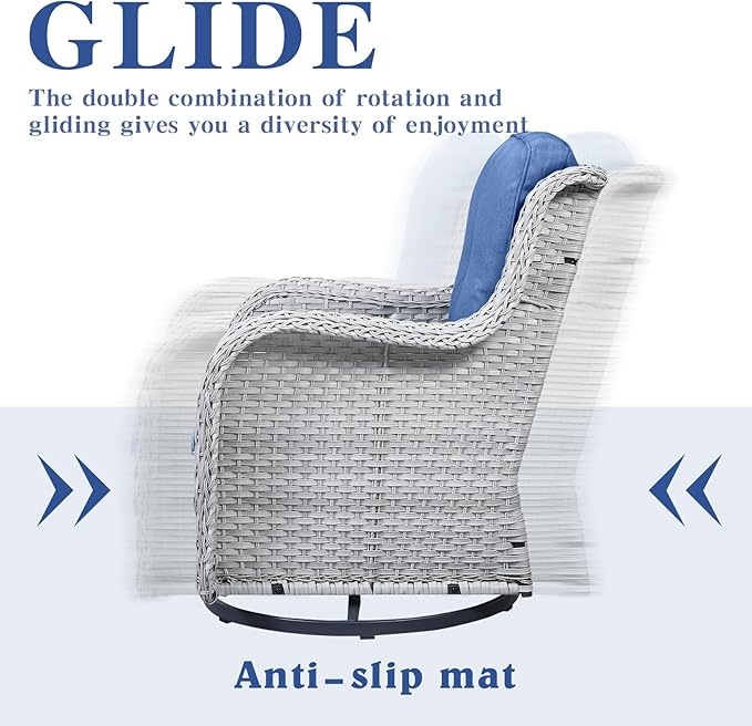 Wicker Patio Furniture Sets - 13 Piece Outdoor Rattan Furniture Conversation Sets with 4 Swivel Rocker Chairs, 2 Rattan Sofas, Wicker Ottomans and Coffee Table, Light Grey/Blue