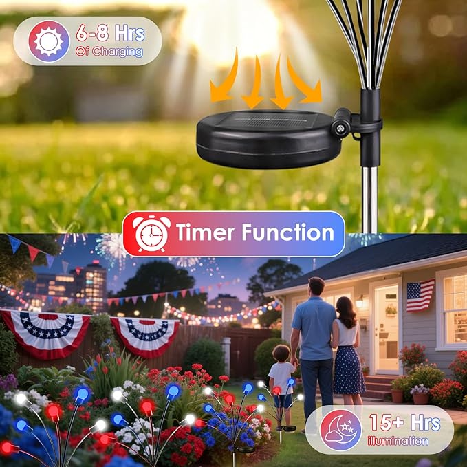 OZS 4pack Solar American Flag Lights - 4th of July Solar Garden Outdoor Waterproof Firefly Light for Memory Day, Independence Day, National Day Decoration (Red White Blue)
