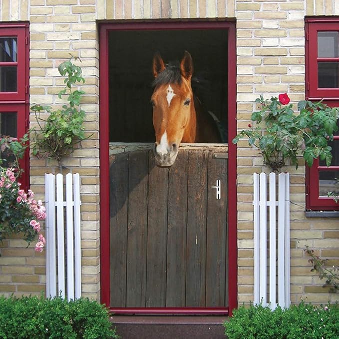 Horse 3D Door Stickers Murals - Peel & Stick - Waterproof & Washable - Matt Finish - Rustic Style - Animal Pattern - Adults - Wall & Door - 37.4" x 84.6"