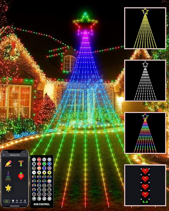 Outdoor Christmas Decorations Lights with Star, Smart DIY Custom Display 11.8Ft 64 Modes Yard Waterfall Tree String Lights, App Control 344LED RGB Color Changing Music Timer for Xmas Tree Lawn Decor
