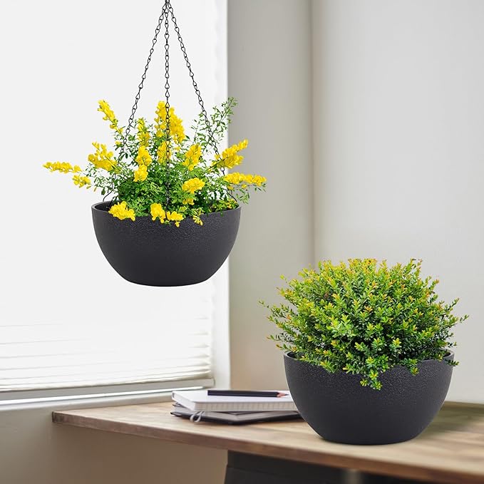 8 inch Small Hanging Planters Plant Pots for Indoor Outdoor Plants, 2 Pack Hanging Flower Pots with Drainage Holes and Chain for Garden Porch, Plastic Hanging Baskets for House Plants, Black