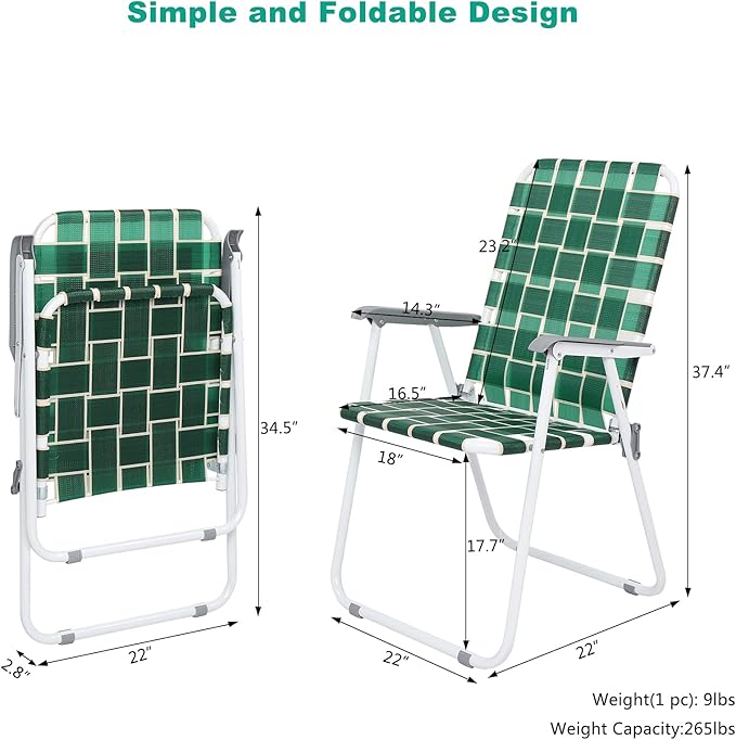 VINGLI Patio Lawn Webbed Folding Chairs Set of 2, Outdoor Beach Chair Portable Dining Chair for Outdoor Yard, Garden (Dark Green, Classic)