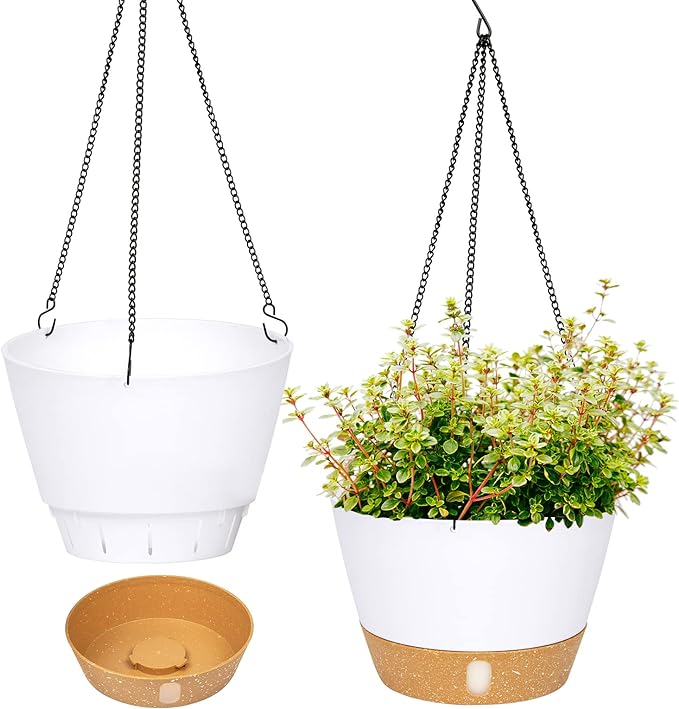 QCQHDU 2 Pack 8 inch Hanging Planters for Indoor Plants, Outdoor Hanging Baskets, Self Watering Pots with Drainage Holes & Removable Tray (White, 8 inch)