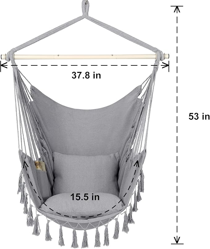 Y- STOP Hammock Chair Hanging Rope Swing, Max 500 Lbs, 2 Cushions Included, Large Macrame Hanging Chair with Pocket for Superior Comfort, with Hardware Kit (Light Grey)