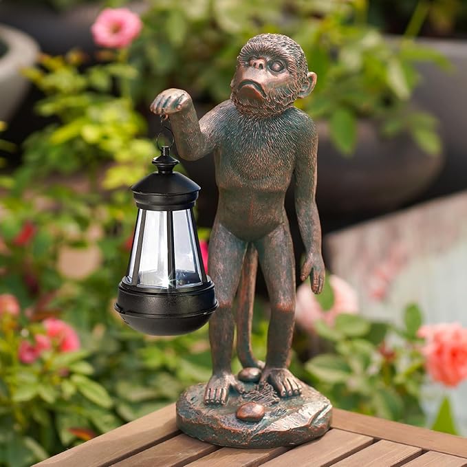 Garden Statue Monkey Figurine - Monkey Decor with Solar Powered Led Lights for Patio Lawn Balcony Yard - Ideal Gift for Women Moms Grandma Housewarming (Copper)