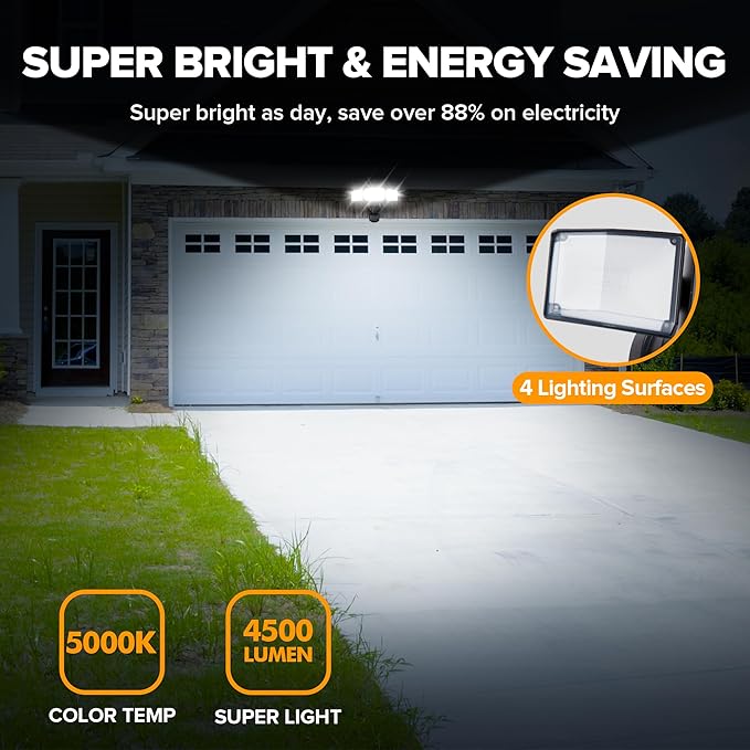 UME 49W LED Security Lights Motion Sensor Light Outdoor, 5000K Daylight, IP65 Waterproof, Dusk to Dawn, 3 Head Motion Detected Flood Light for Garage, Yard, Porch (Black)