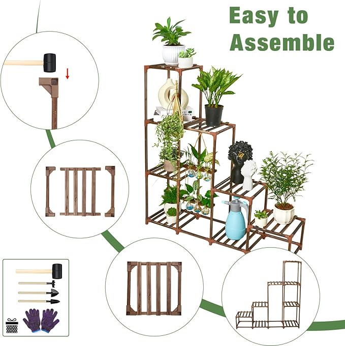 XXXFLOWER Plant Stand Indoor Outdoor Wood Plant Shelf for Multiple Plants ，Large Plant Rack for Window Garden Balcony Patio Porch Living Room (Brown-8 Potted)