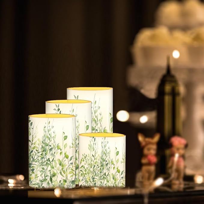 Flameless Light Candles 4 Pack Battery Operated with Color Changing Timer Remote Control Fake Pillar Candles Tealights Beach Wedding Home Indoor Decor, Leaf Green White