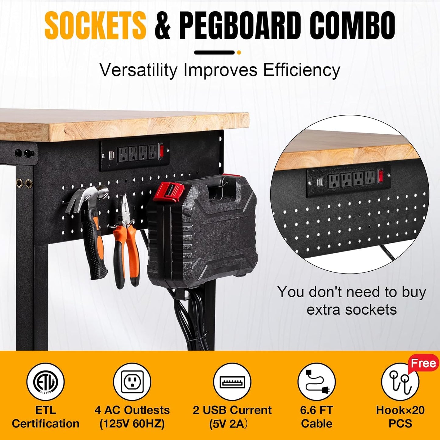 Adjustable Height Workbench, Heavy Duty Table Rubber Wood Workstation with Power Outlet & Pegboard for Garage, Office, Workshop, Home,Commercial (48"×24")