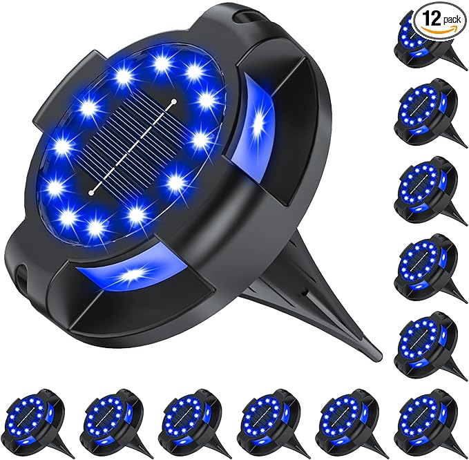Solar Pathway Lights Outdoor 12 Packs, Bright Blue 16 LEDs Solar Ground Lights Walkway Lights with Side Light, Waterproof Solar Deck Light for Yard Walkway Garden Poolside Driveway Decorations