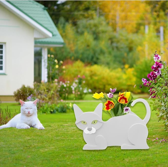 White Cat Planter Plant Pots,Cute Garden Cat Flower Planter,Cat Planters Birthday Gifts for Women,Office,Indoor/Outdoor Decor（12.5 * 5.6 * 7.8in）