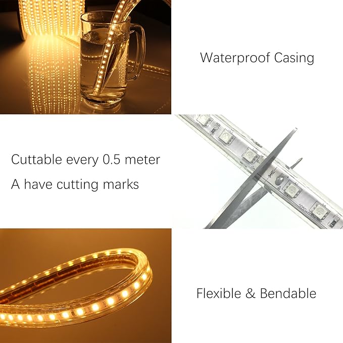 5050-60 Type AC 110-120V LED Strip Lights, Flexible/Waterproof/Dimmable/Multi-Modes LED Rope Light + 23 Keys Remote for Home/Garden/Building Decoration (98.4ft/30m, Warm White 3500K)
