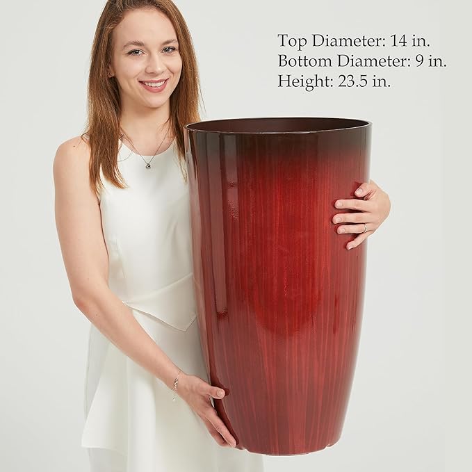 Worth Garden 23.5" H. Large Plastic Planters - Set of 2 Gradient Red Glossy Smooth Finish - Tall Plant Pots for Indoor & Outdoor Use - Decorative Lightweight Flower Pots for Front Porch, Patio, Deck