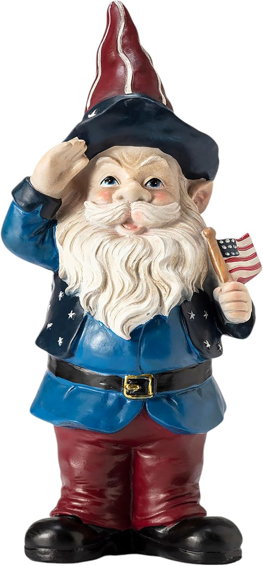 Alpine Corporation 12" Tall Outdoor Patriotic Garden Gnome Saluting Yard Statue Decoration