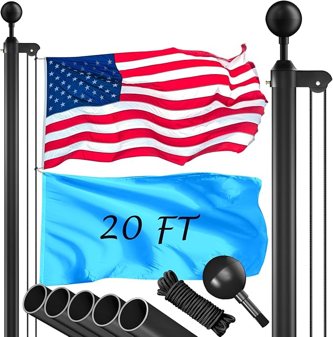 Flag Pole Kit 20FT, 12 Gauge 1.8mm Thickness Heavy Duty Flag Poles with 3x5 American Flag, Black Flag Pole for Outdoor House In Ground, Extra Thick Flagpoles Suitable for Yard and Garden