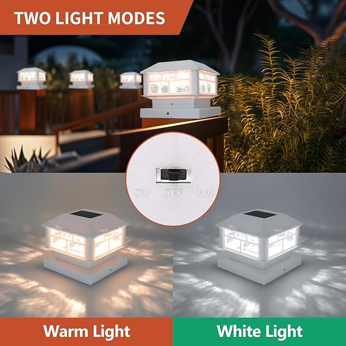 Solar Post Lights Outdoor, 20LM Fence Post Cap Lights, Waterproof, 2 Light Modes, Fit 3.5x3.5in 4x4in 5x5in Wooden Post, Solar Power Deck Lights for Garden Deck Patio Decoration(White 2Pack)