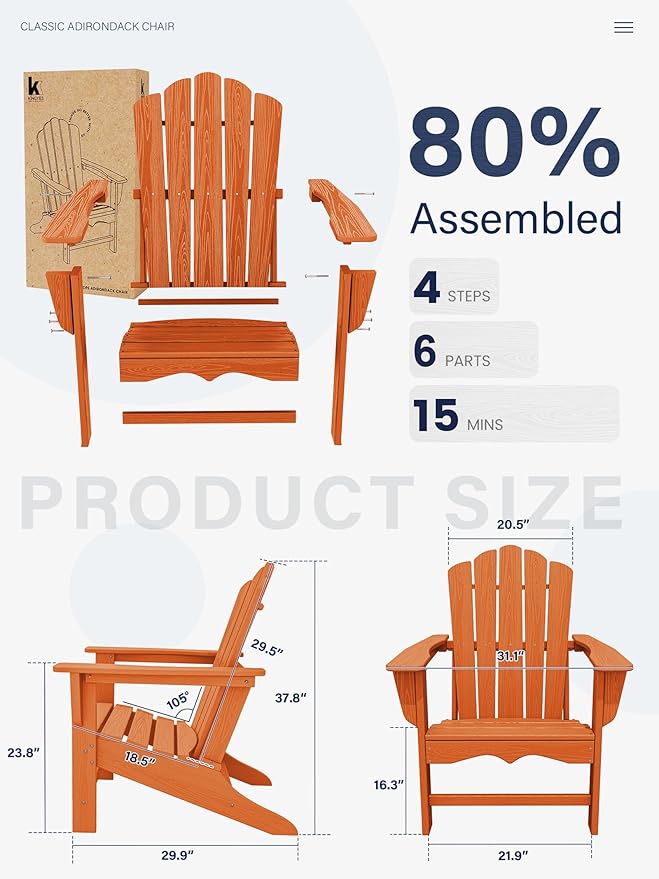 KINGYES HDPE Adirondack Chair Chair Set of 6, Classic All-Weather Adirondack Chair, Orange