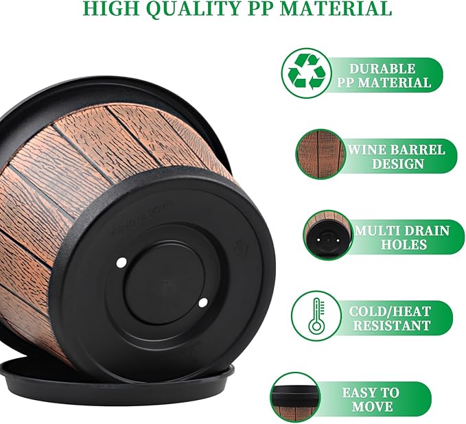 Quarut Large 4 Pack 14 inch Plant Pots,Whiskey Barrel Planters with Drainage Holes & Saucer,Plastic Decoration Flower Pots Retro Design,Planters for Outdoor Indoor Garden Balcony Plants (Brown)