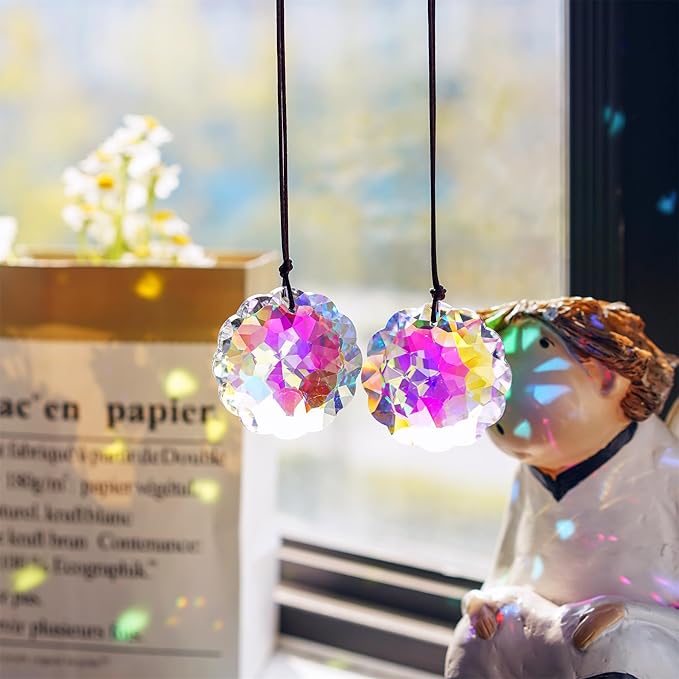 HDCRYSTALGIFTS Set 2 AB Color Crystal Suncatcher Datura Shaped Pendant Rainbow Feng Shui Hanging Prism (45mm)