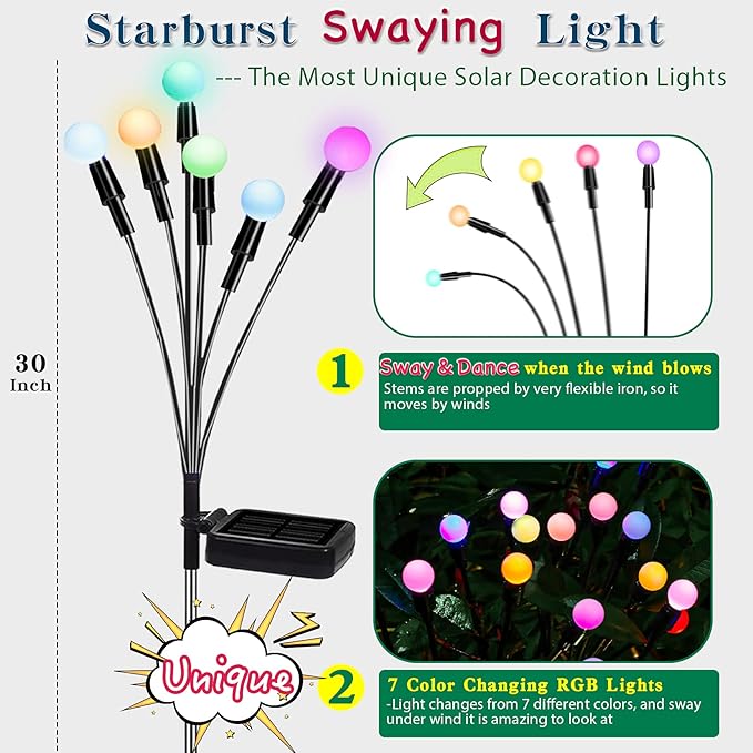 TONULAX Solar Garden Lights, Starburst Swaying Light - Swaying When Wind Blows, Solar Lights Outdoor Decorative, Color Changing RGB Light for Yard Patio Pathway Decoration(6 Pack)