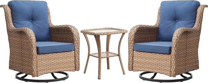 Outdoor Patio Swivel Rocker Chairs - 3 Piece Patio Bistro Set,Wicker Patio Furniture Set with 2 Swivel Rocking Chairs and 1 Glass Top Side Table for Deck Porch Garden,Yellow/Blue