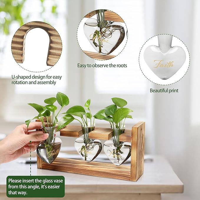 Plant Terrarium Propagation Stations Faith Hope Love Hydroponics Home Garden Decoration Gift for Women with Wooden Stand Heart Shaped Colored Glass Vase