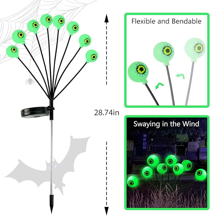Halloween Decorations Outdoor Lights - 4 Pack 32LED Solar Halloween Scary Eyeball Pathway Lights Swaying by Wind, Waterproof Solar Halloween Stake Lights for Garden Porch Lawn Pathway (Green)