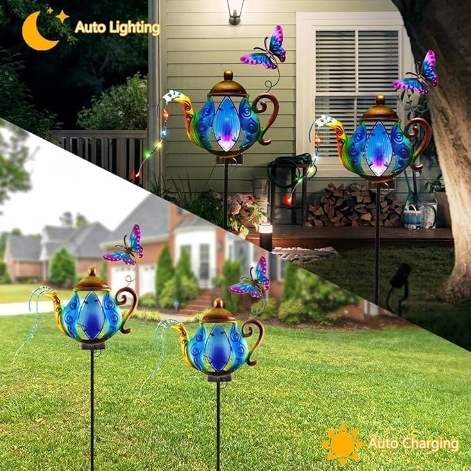 Solar Pathway Lights Outdoor, 2 Pack Metal Garden Lights, Decorative Lanscape Lighting Waterproof Solar Garden Decor Gifts for Mom, Women - Blue