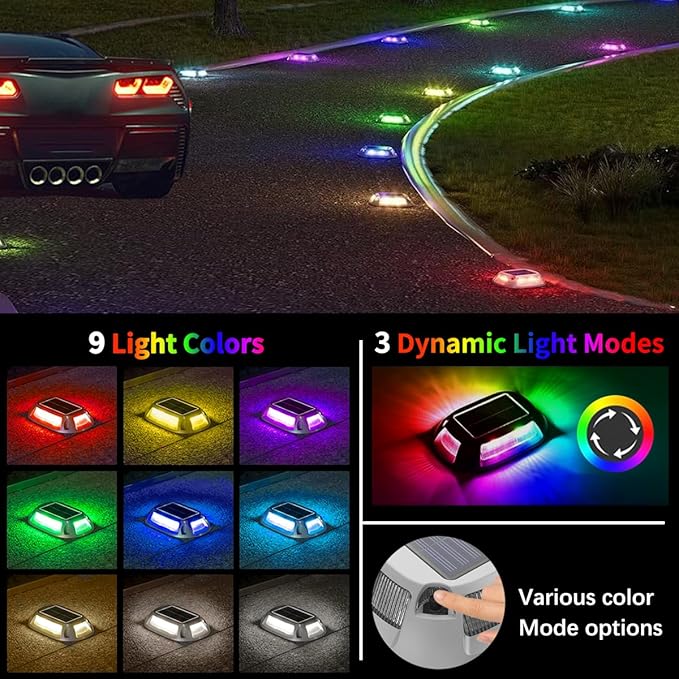Solar Driveway Lights Dock Deck Lights 2 Pack, 9 Colors in 1, LED Driveway Markers Deck Lights IP68 Waterproof Outdoor Solar Powered Warning Step Lights for Pathway RGB