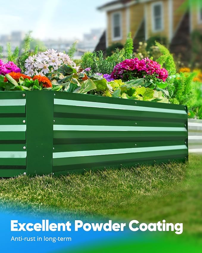 Quictent Galvanized Raised Garden Bed 8x4x1 Ft Metal Planter Box for Vegetables Bottomless for Backyard, 2 Tomato Cages Included, Green